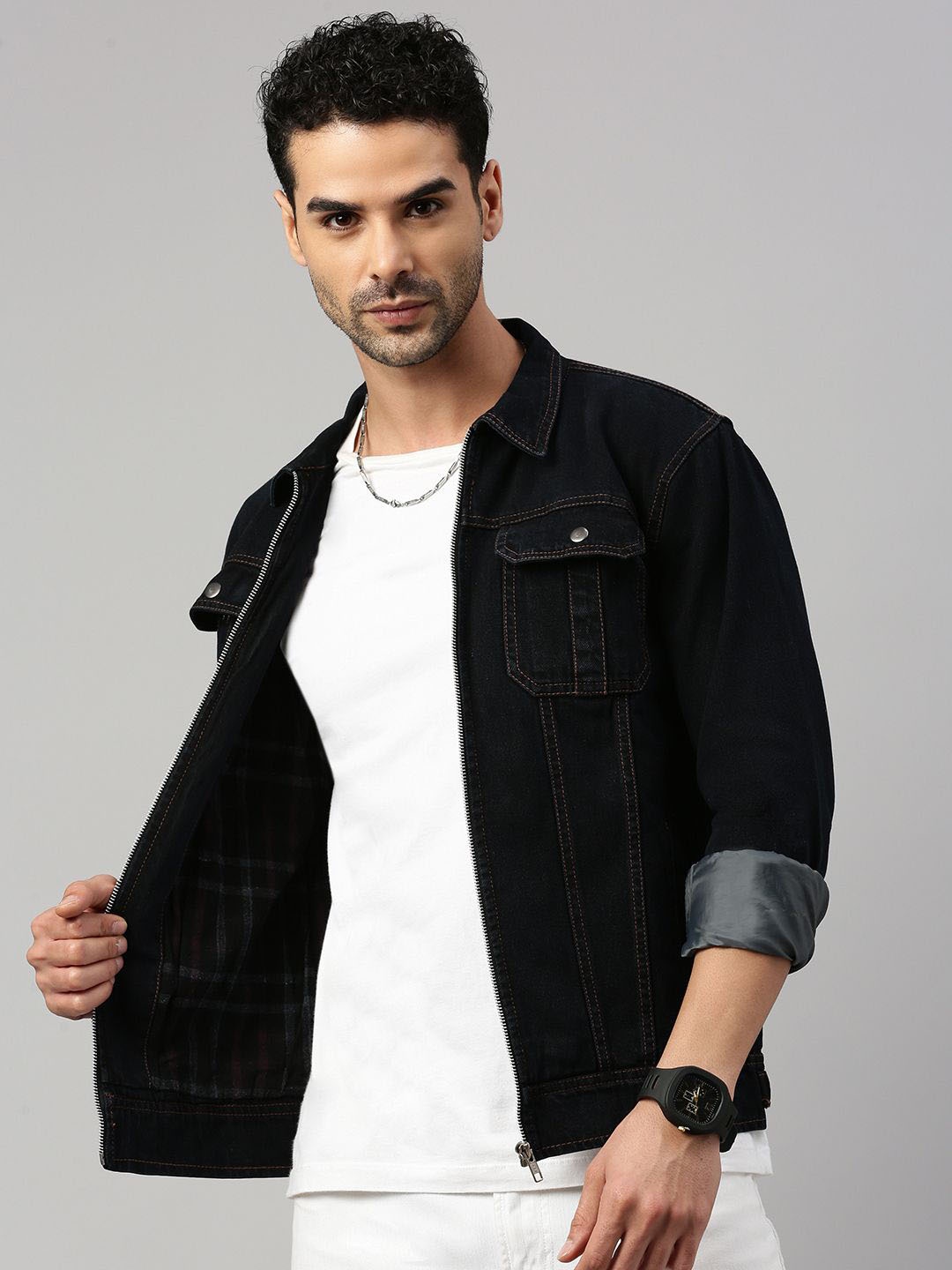

VOXATI Men Checked Crop Denim Jacket, Black