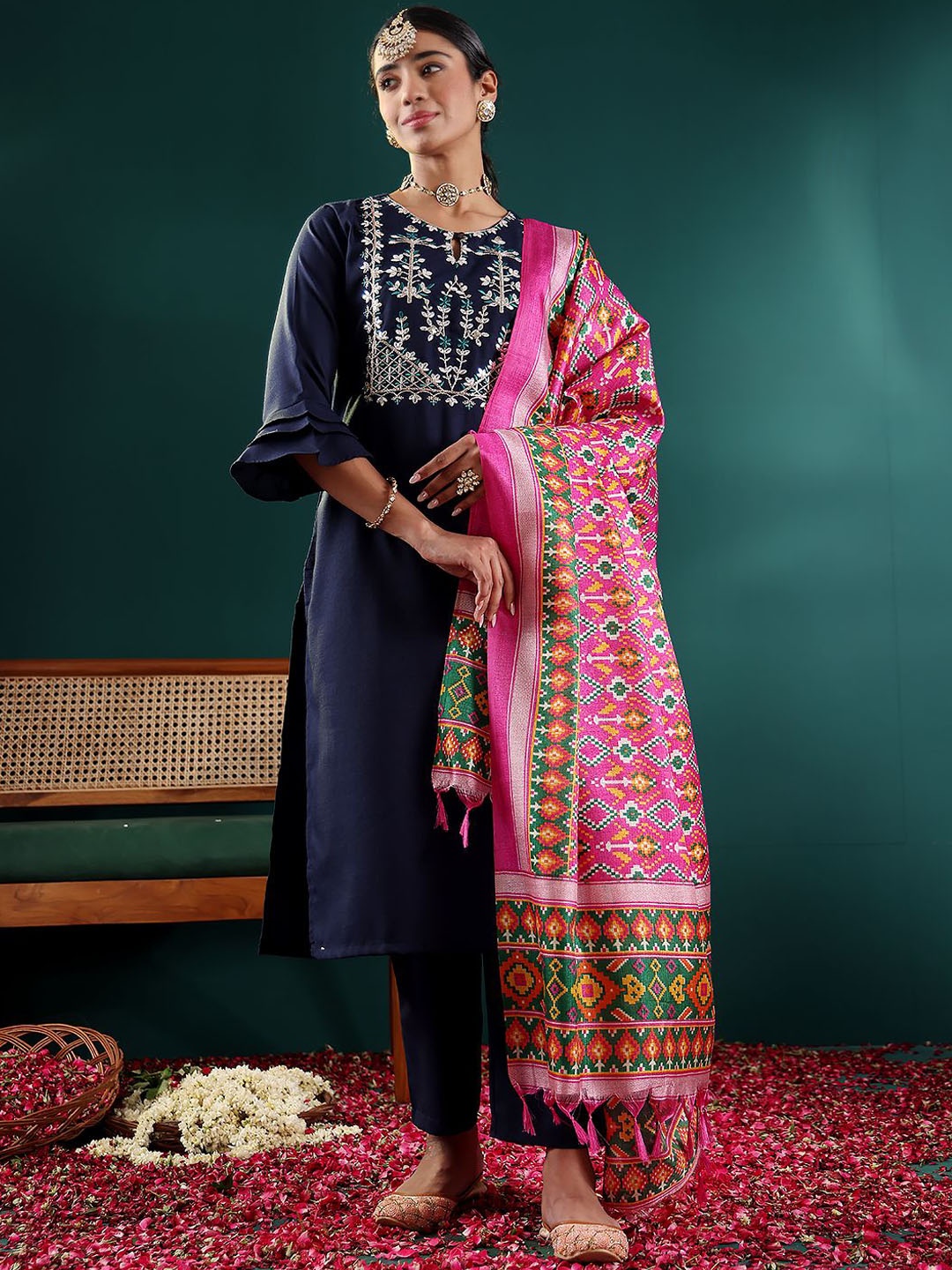 

Varanga Women Embroidered Regular Gotta Patti Kurta with Trousers & With Dupatta, Navy blue