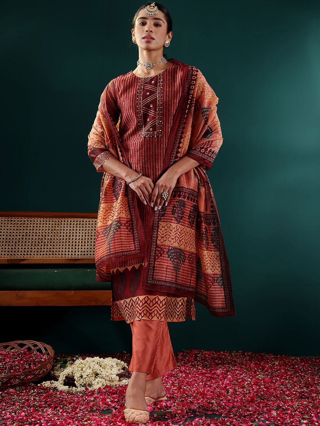 

Varanga Women Printed Regular Sequinned Chanderi Silk Kurta with Trousers & With Dupatta, Maroon