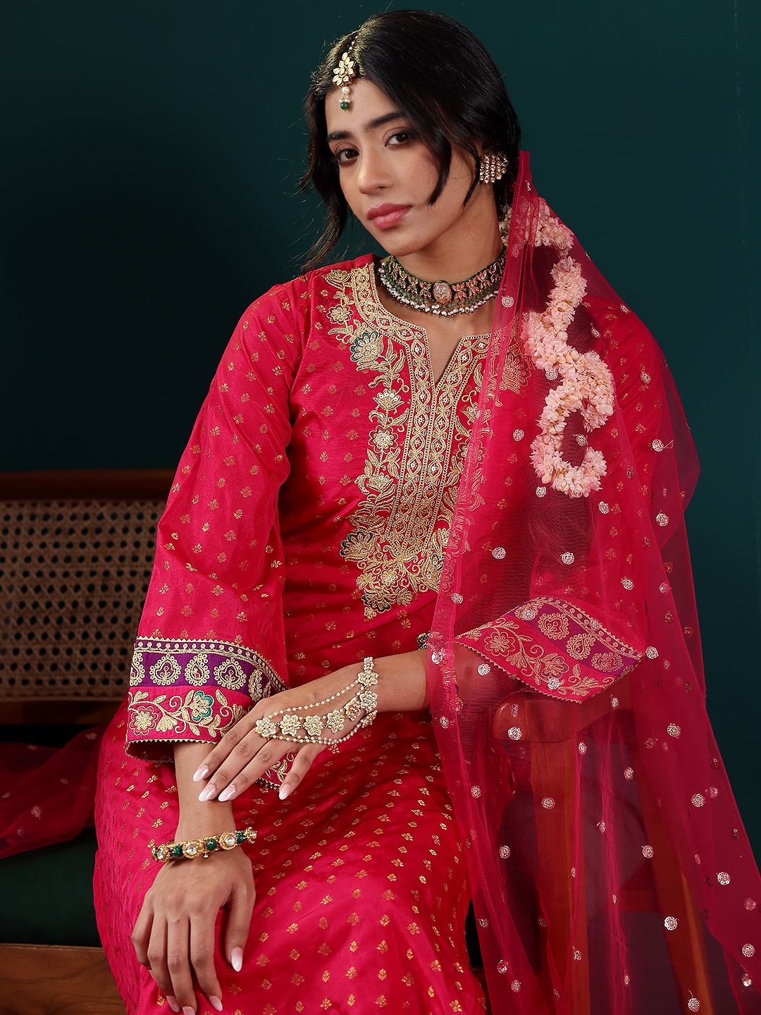 

Varanga Women Embroidered Regular Kurta with Trousers & With Dupatta, Pink