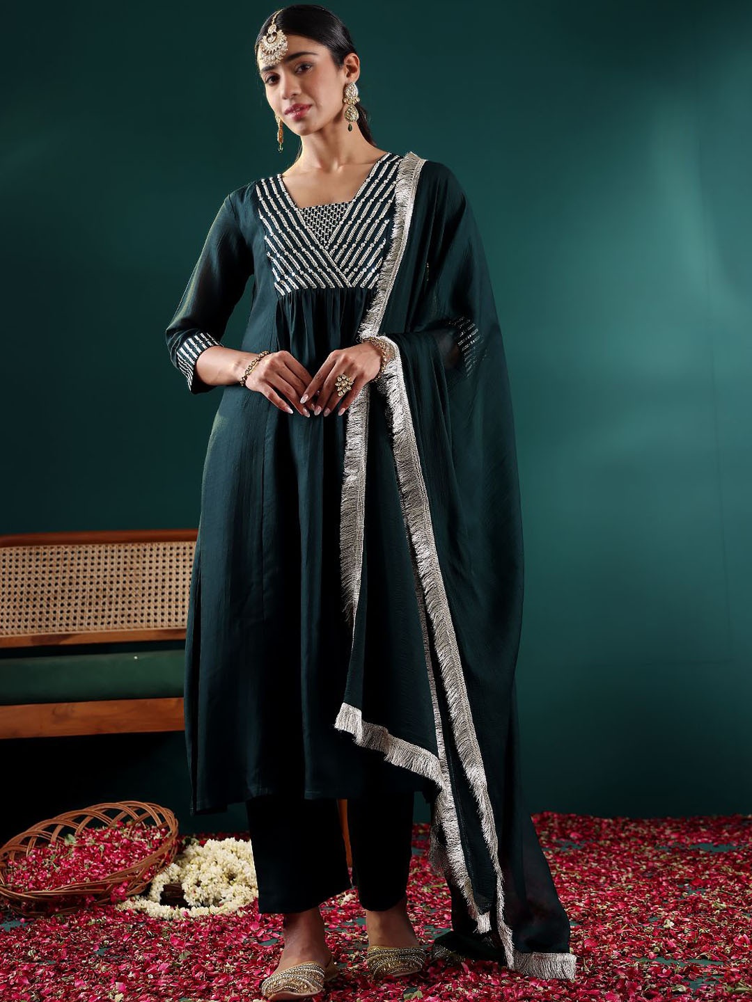 

Varanga Women Embroidered Regular Sequinned Kurta with Trousers & With Dupatta, Teal