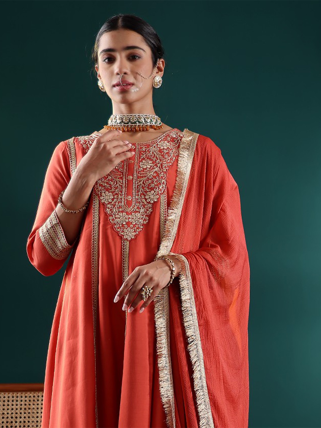 

Varanga Women Floral Embroidered Panelled Kurta with Trousers & With Dupatta, Rust