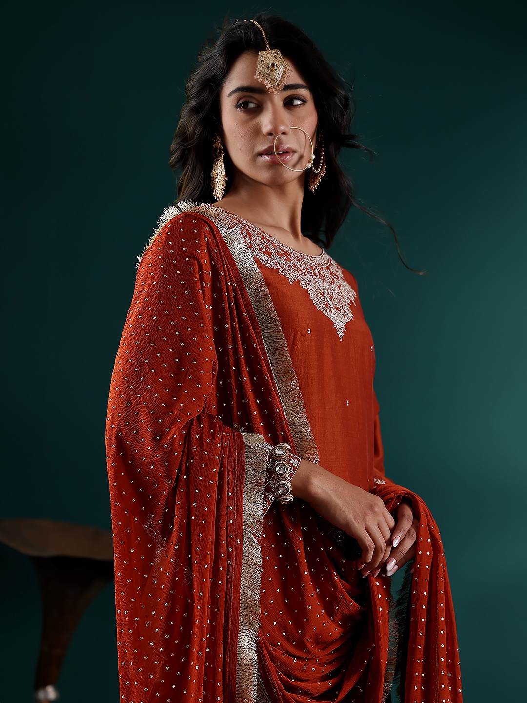 

Varanga Women Floral Embroidered Regular Kurta with Trousers & With Dupatta, Rust