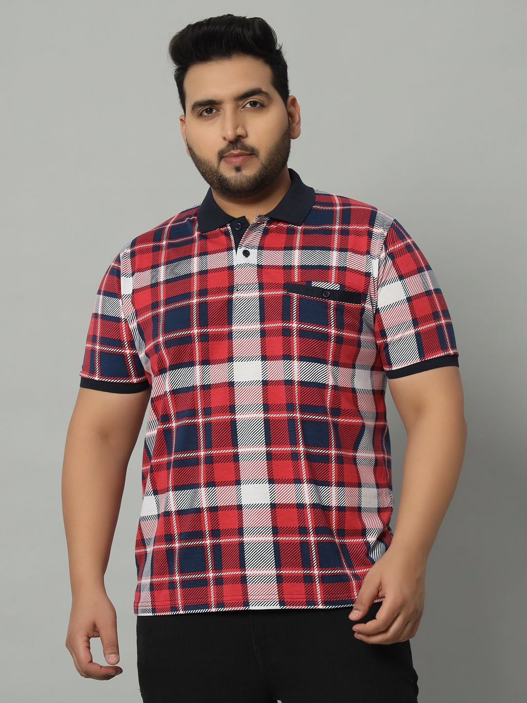 

AUSTIVO Men Checked Mandarin Collar Applique T-shirt, Multi
