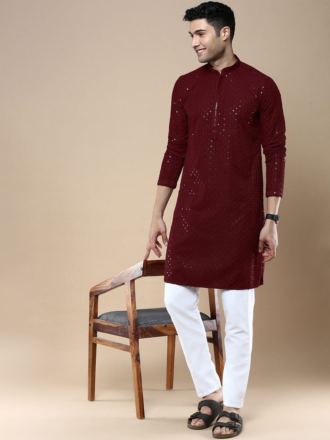 

Anouk Men Embroidered Regular Chikankari Kurta with Trousers, Maroon