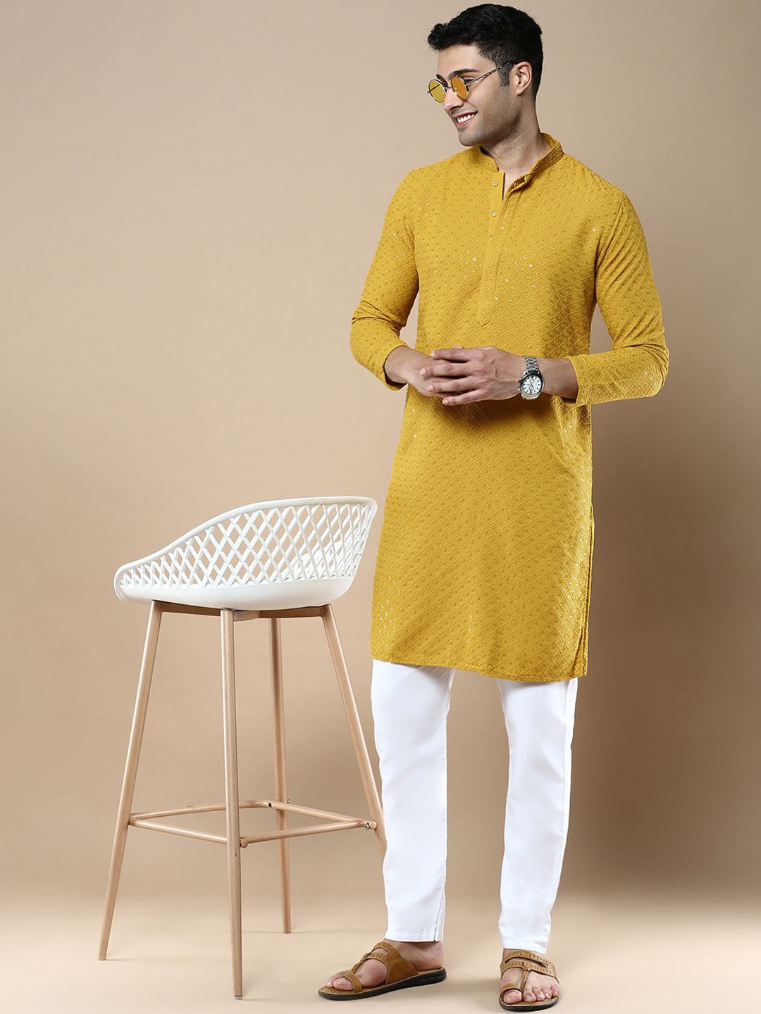 

Anouk Men Floral Embroidered Regular Chikankari Kurta with Pyjamas, Yellow