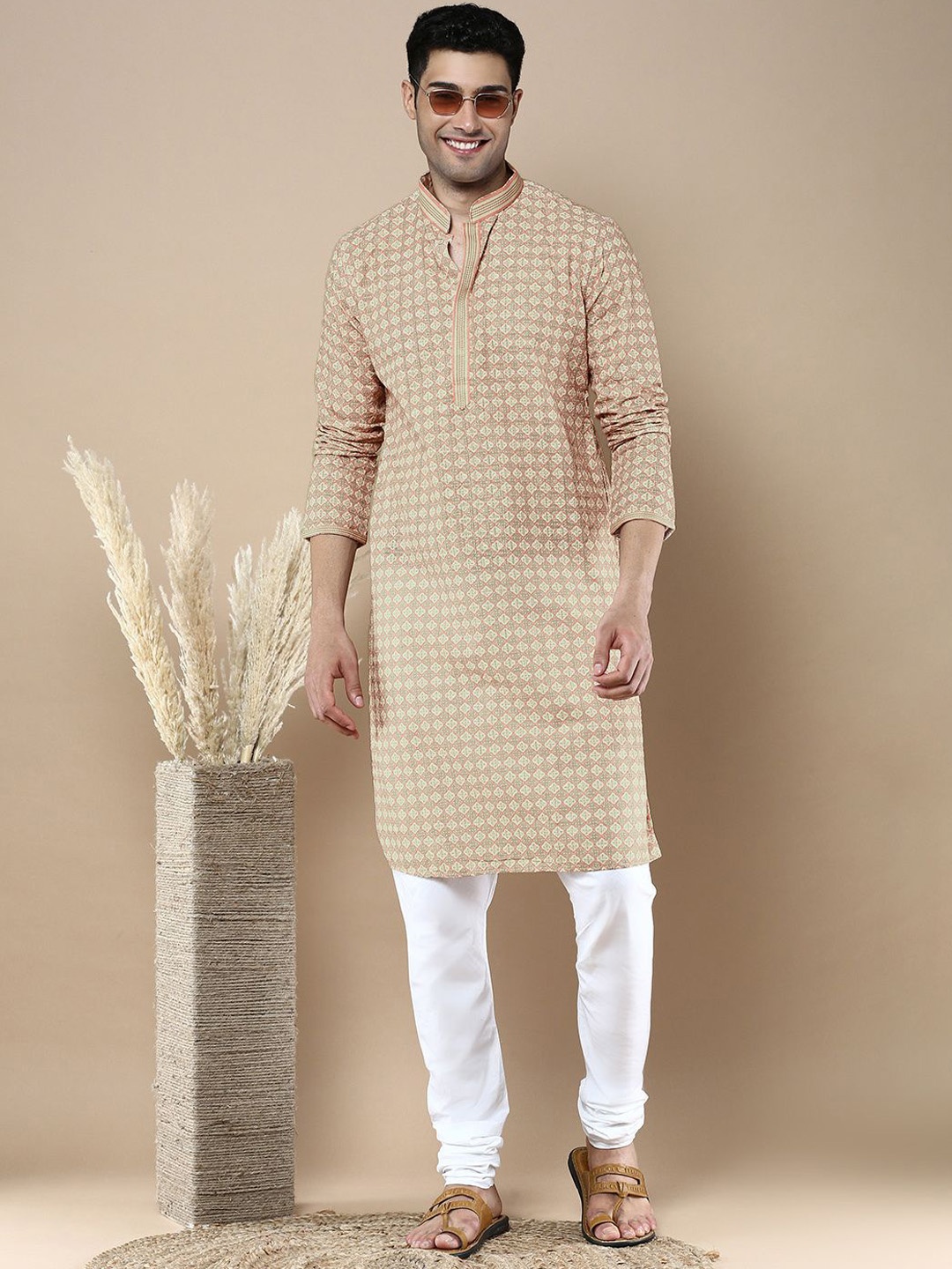 

Anouk Men Floral Embroidered Regular Chikankari Kurta with Pyjamas, Beige