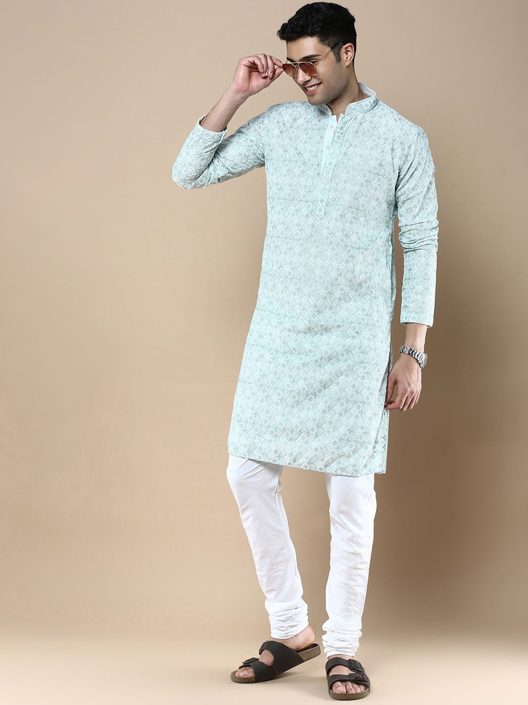 

Anouk Men Ethnic Motifs Embroidered Regular Chikankari Kurta with Churidar, Blue