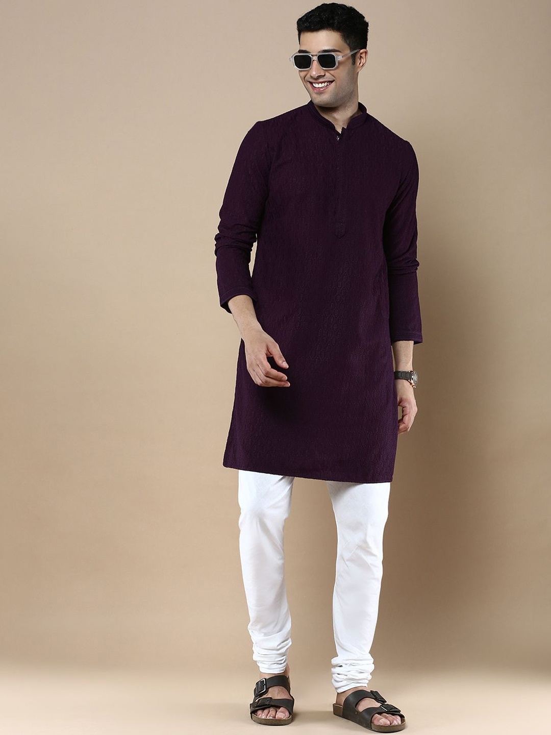 

Anouk Men Ethnic Motifs Embroidered Regular Chikankari Kurta with Pyjamas, Purple