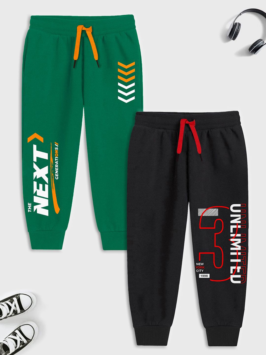

YK X Trampoline Kids Pack of 2 Printed Cotton Mid-Rise Joggers, Green