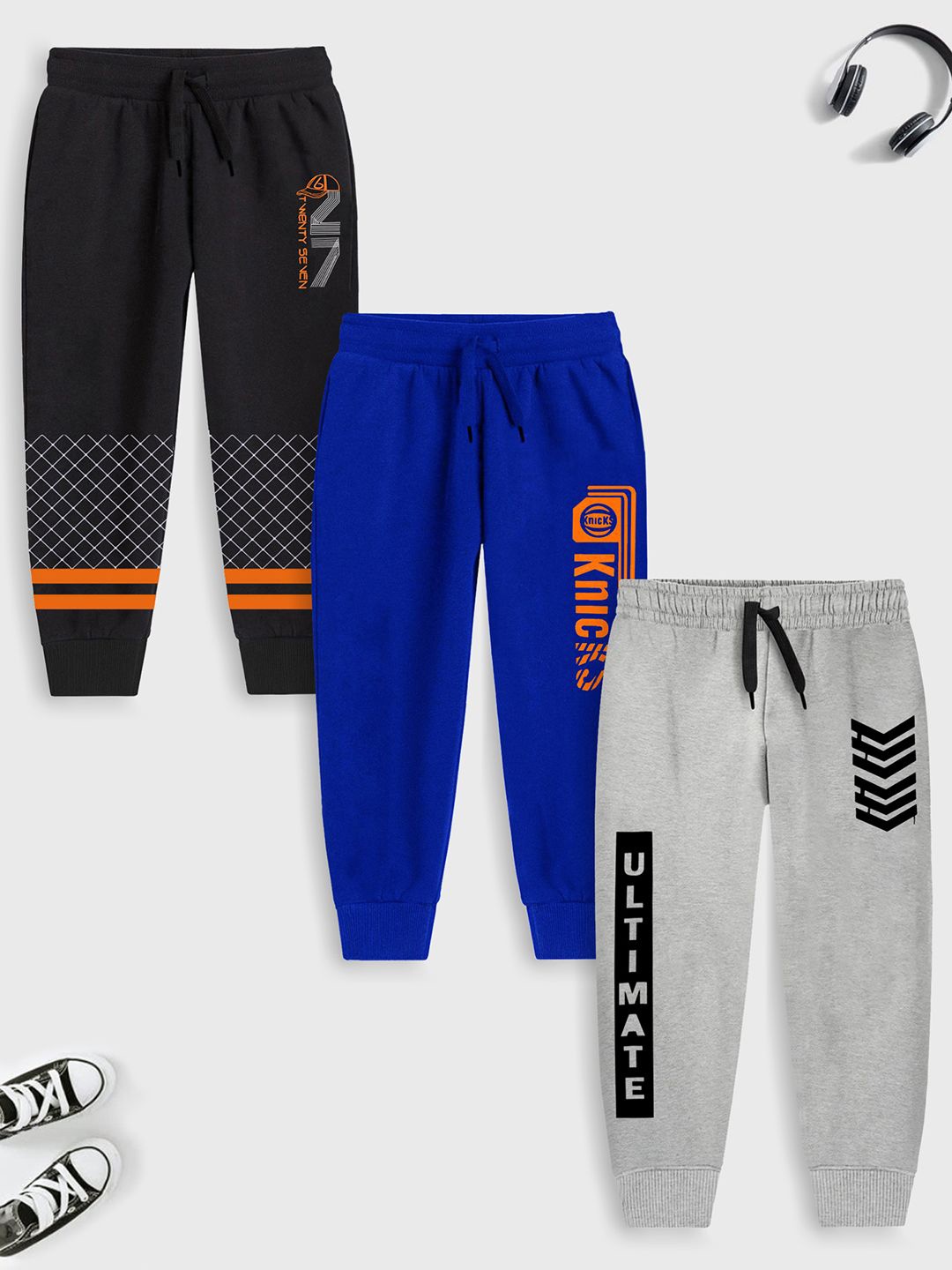 

YK X Trampoline Kids Pack Of 3 Printed Mid-Rise Joggers, Black