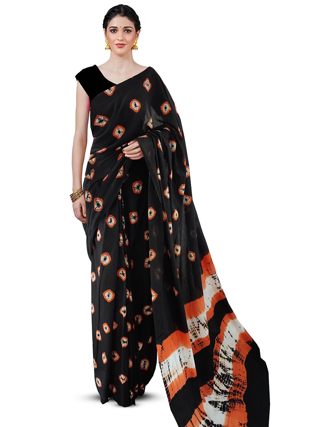 

JAIPURI PRINT Bandhani Pure Cotton Ikat Saree, Black