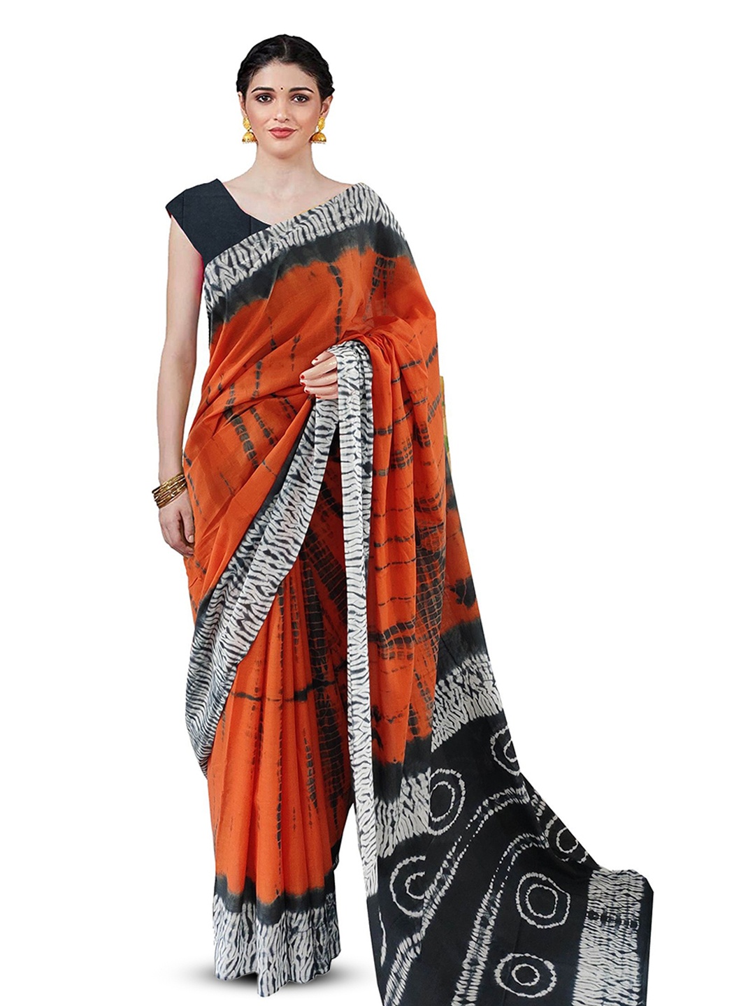 

JAIPURI PRINT Tie and Dye Pure Cotton Block Print Saree, Red