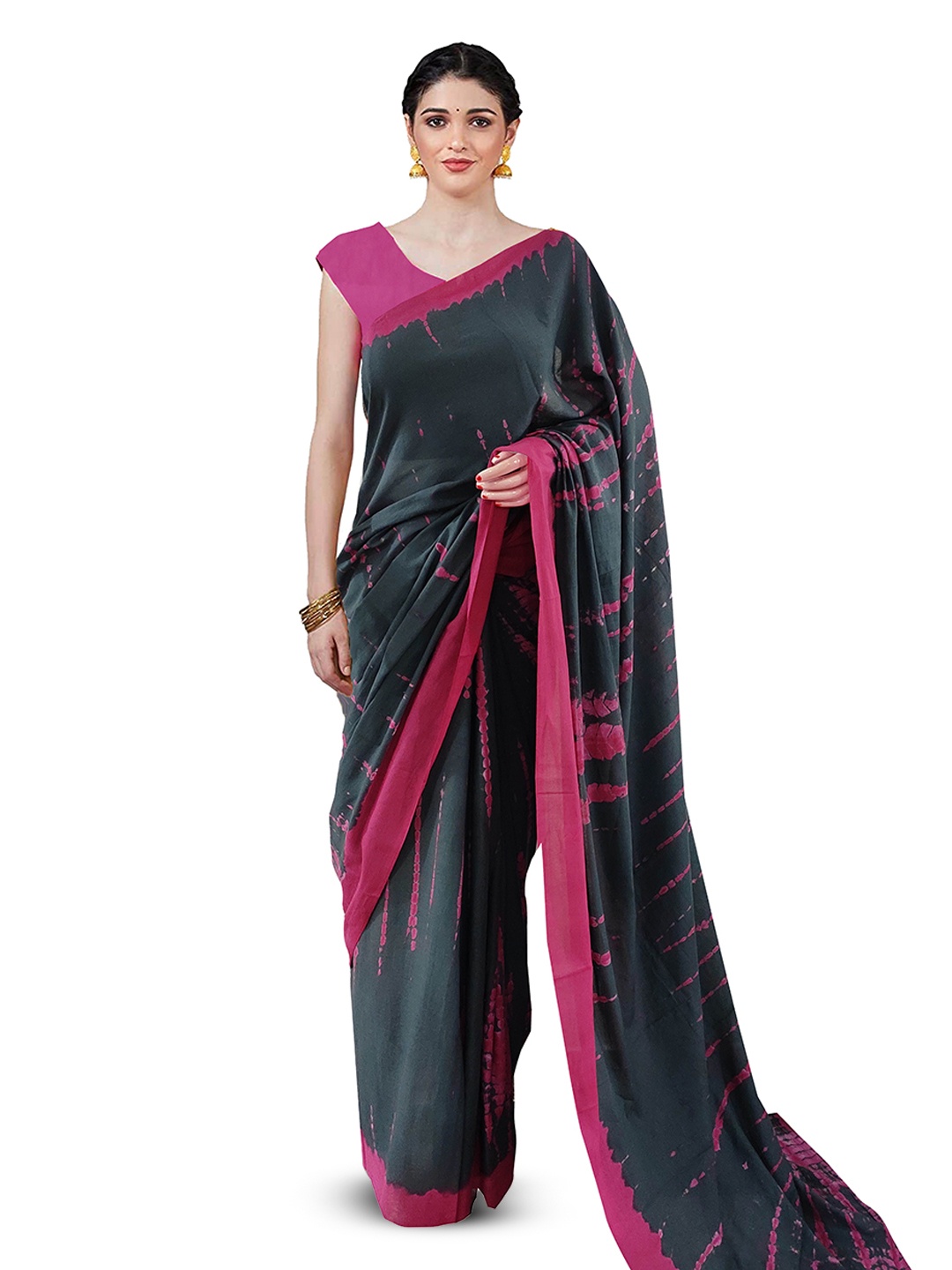 

JAIPURI PRINT Pure Cotton Block Print Saree, Black