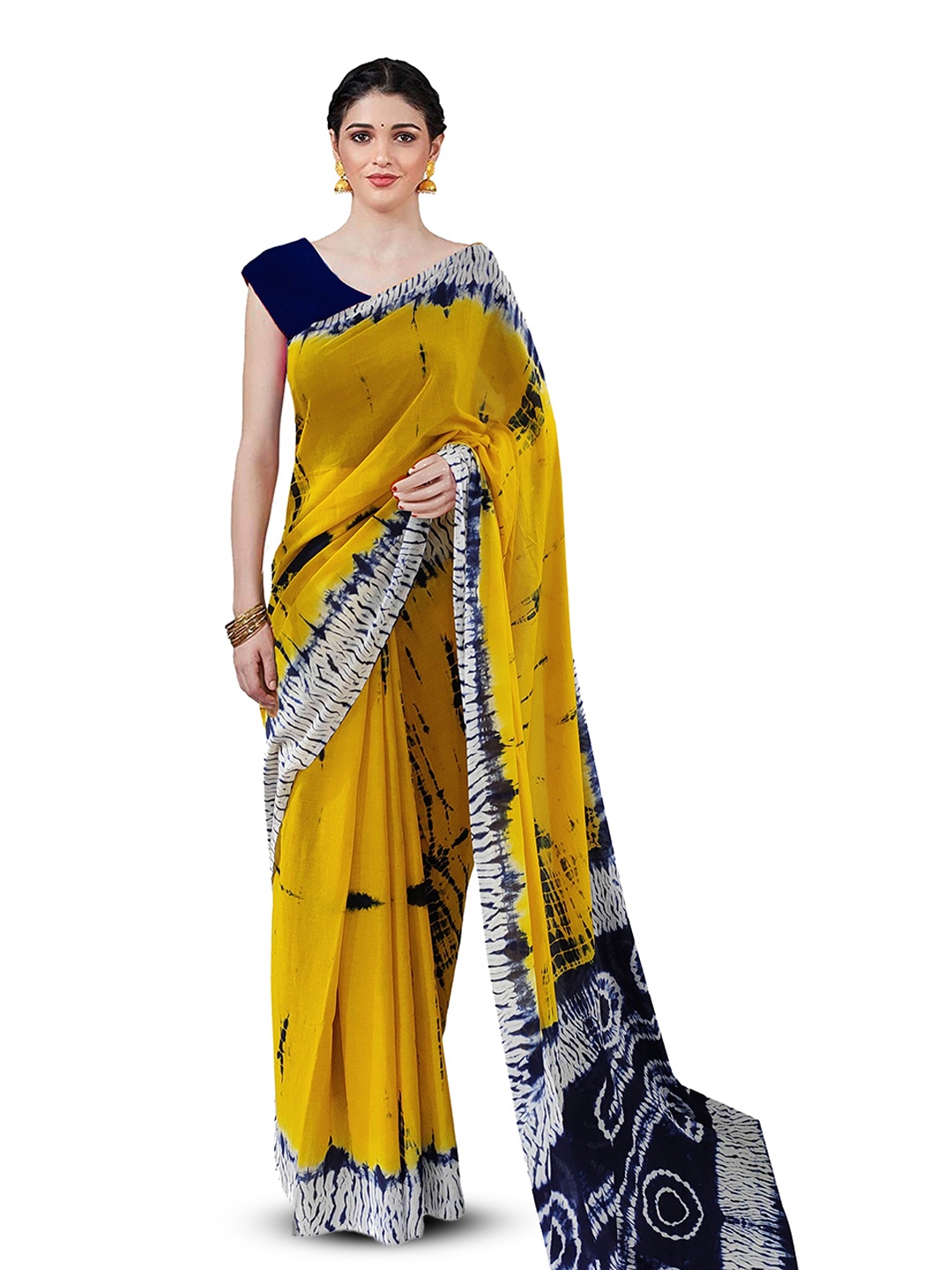 

JAIPURI PRINT Tie and Dye Pure Cotton Block Print Saree, Yellow