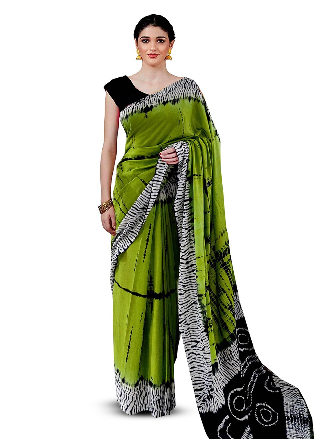 

JAIPURI PRINT Tie and Dye Pure Cotton Block Print Saree, Green
