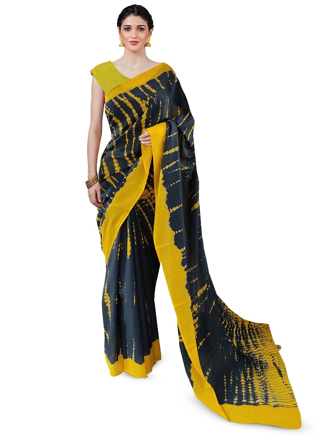 

JAIPURI PRINT Leheriya Pure Cotton Block Print Saree, Yellow
