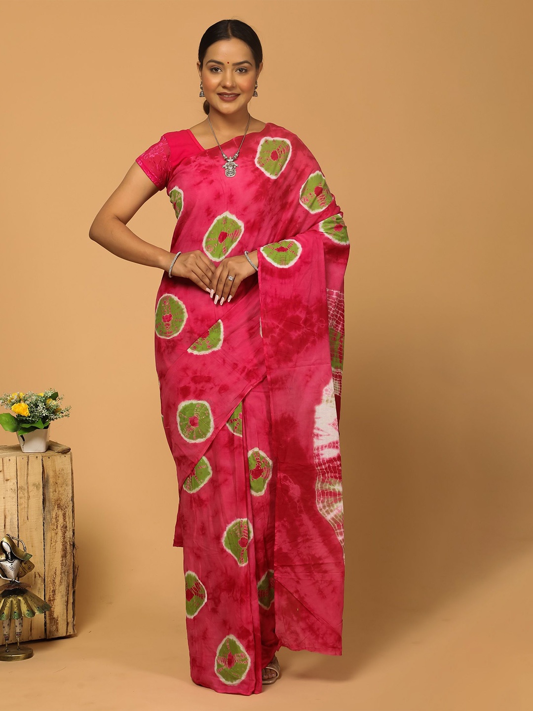 

JAIPURI PRINT Tie and Dye Pure Cotton Block Print Saree, Pink