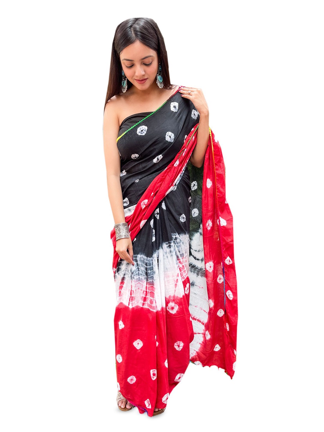 

JAIPURI PRINT Bandhani Pure Cotton Block Print Saree, Black