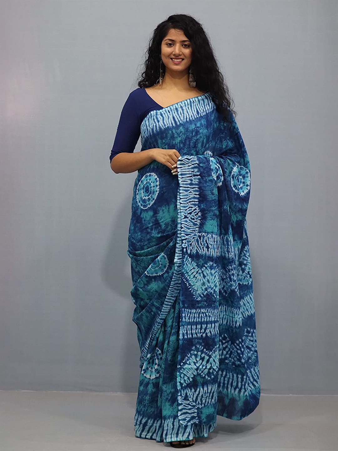 

JAIPURI PRINT Ethnic Motifs Pure Cotton Block Print Saree, Blue