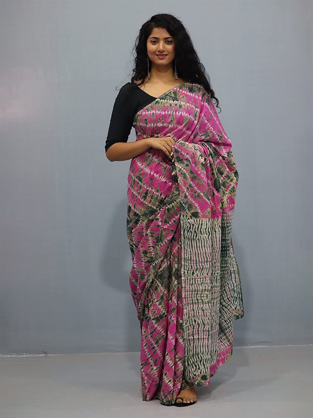 

JAIPURI PRINT Tie and Dye Pure Cotton Ikat Saree, Pink