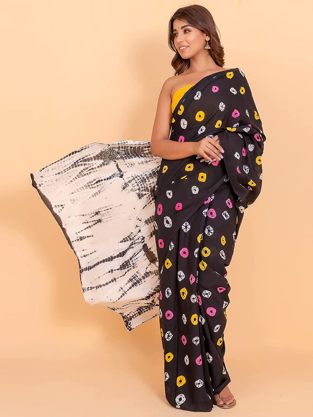 

JAIPURI PRINT Bandhani Pure Cotton Block Print Saree, Black
