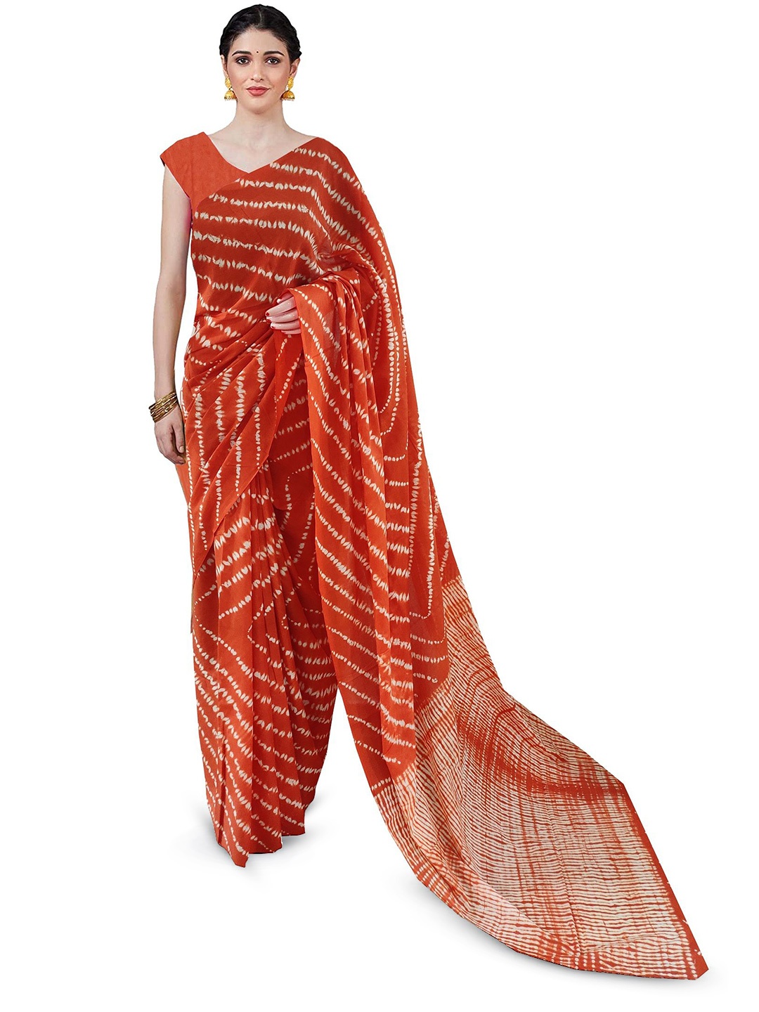 

JAIPURI PRINT Tie and Dye Pure Cotton Block Print Saree, Brown