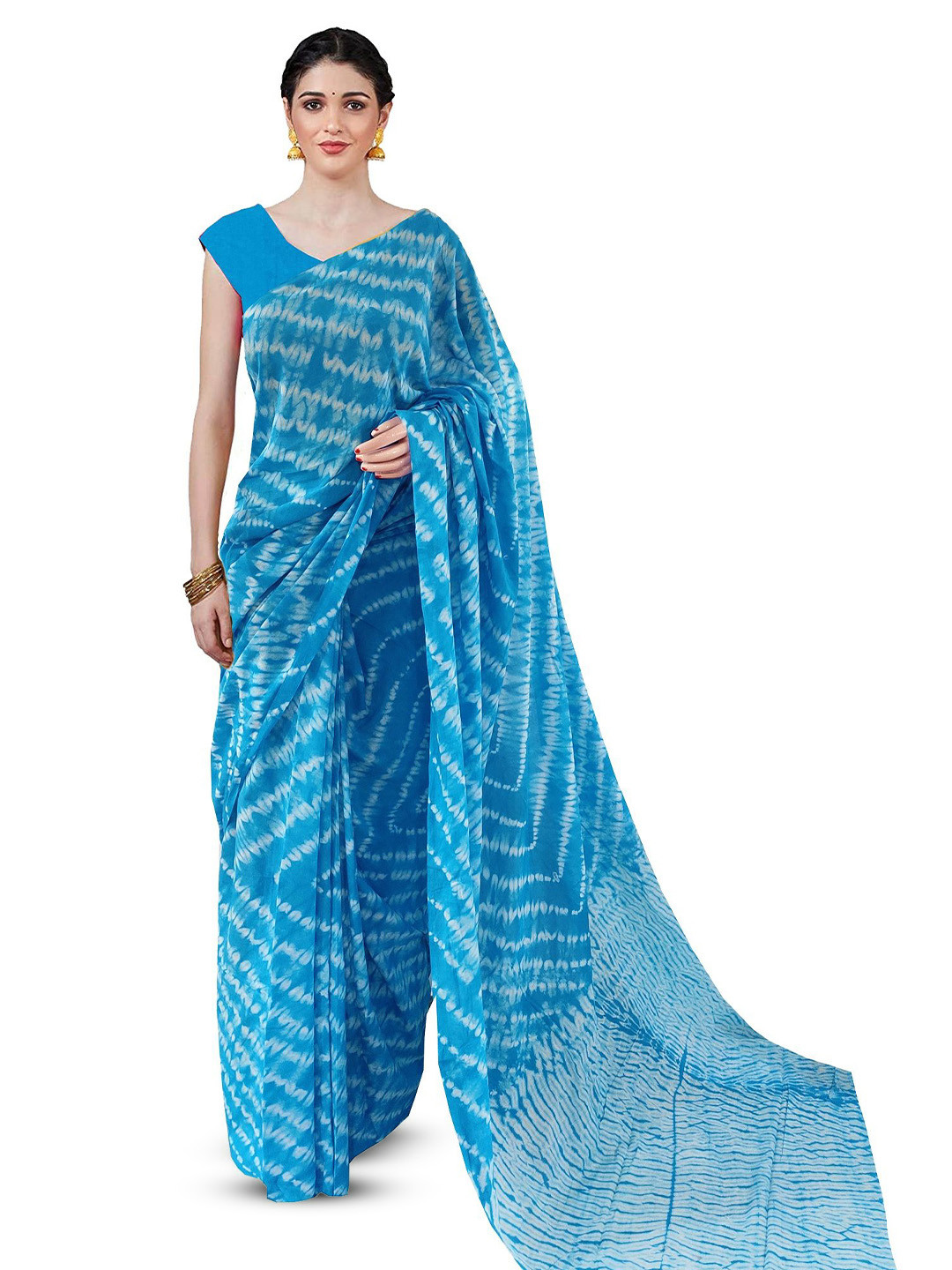 

JAIPURI PRINT Leheriya Pure Cotton Block Print Saree, Turquoise blue