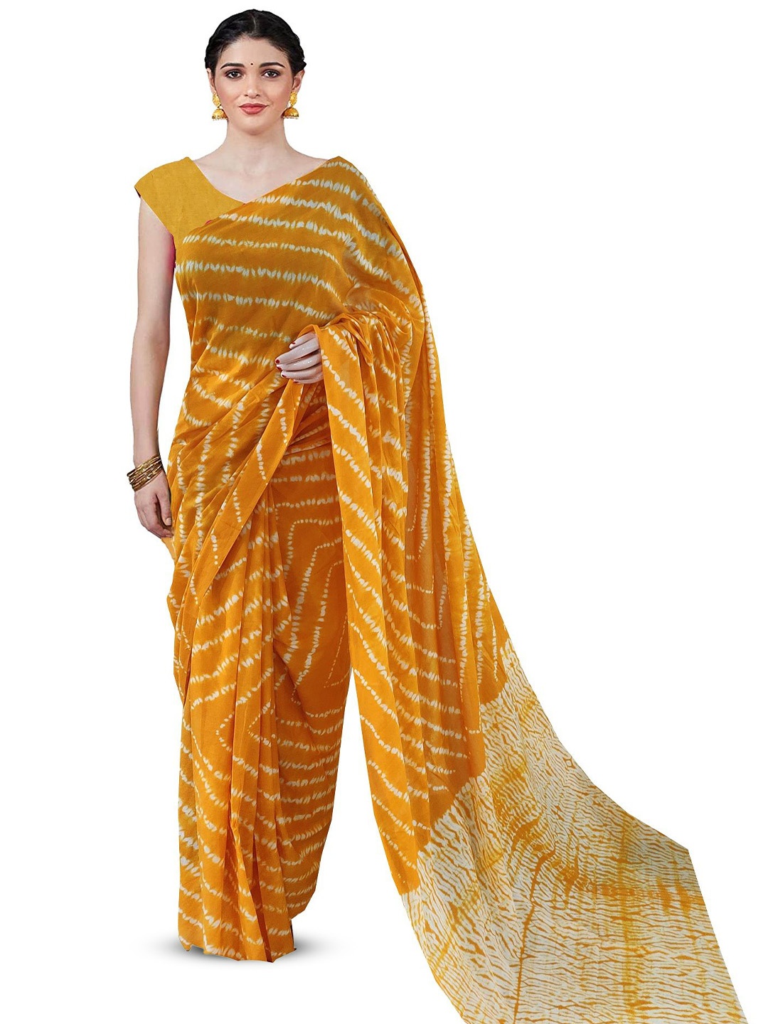 

JAIPURI PRINT Tie and Dye Pure Cotton Block Print Saree, Yellow
