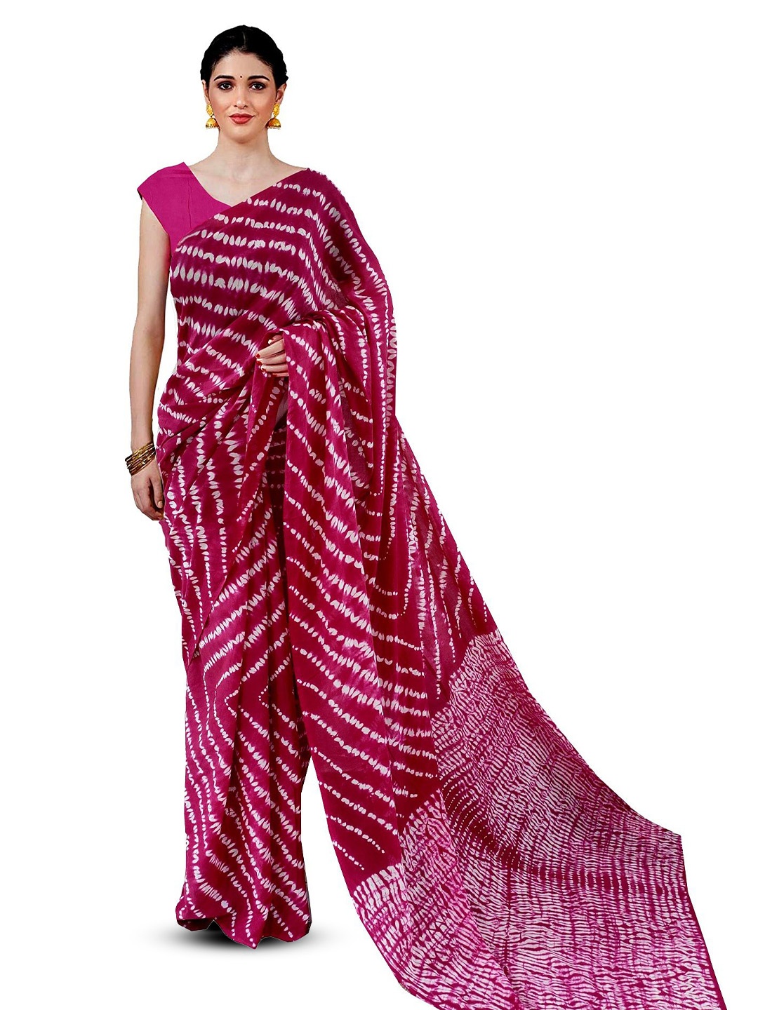 

JAIPURI PRINT Tie and Dye Pure Cotton Designer Block Print Saree, Pink