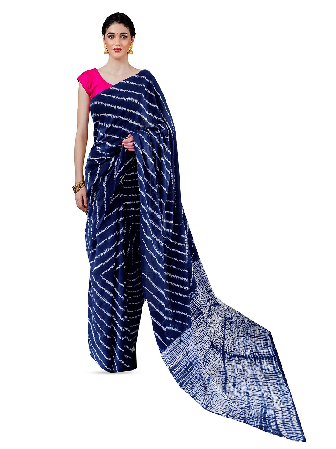 

JAIPURI PRINT Leheriya Pure Cotton Block Print Saree, Blue
