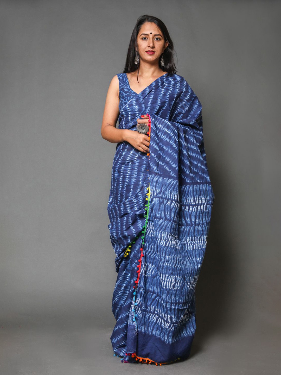 

JAIPURI PRINT Leheriya Pure Cotton Block Print Saree, Blue