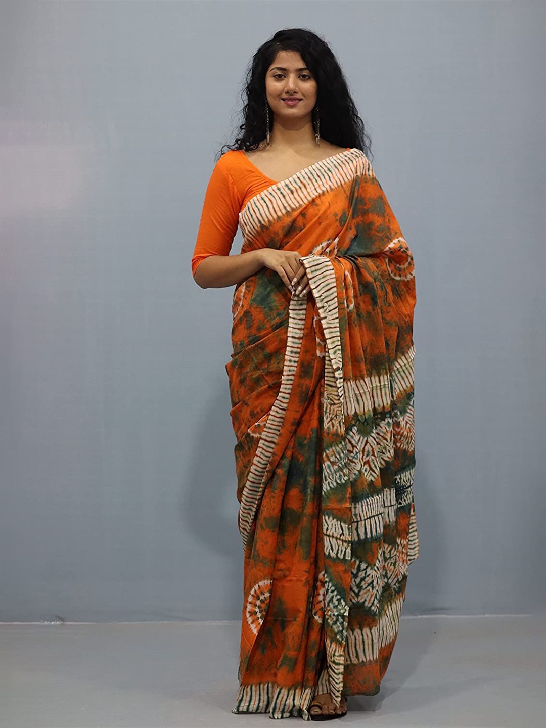 

JAIPURI PRINT Ethnic Motifs Pure Cotton Ikat Saree, Orange
