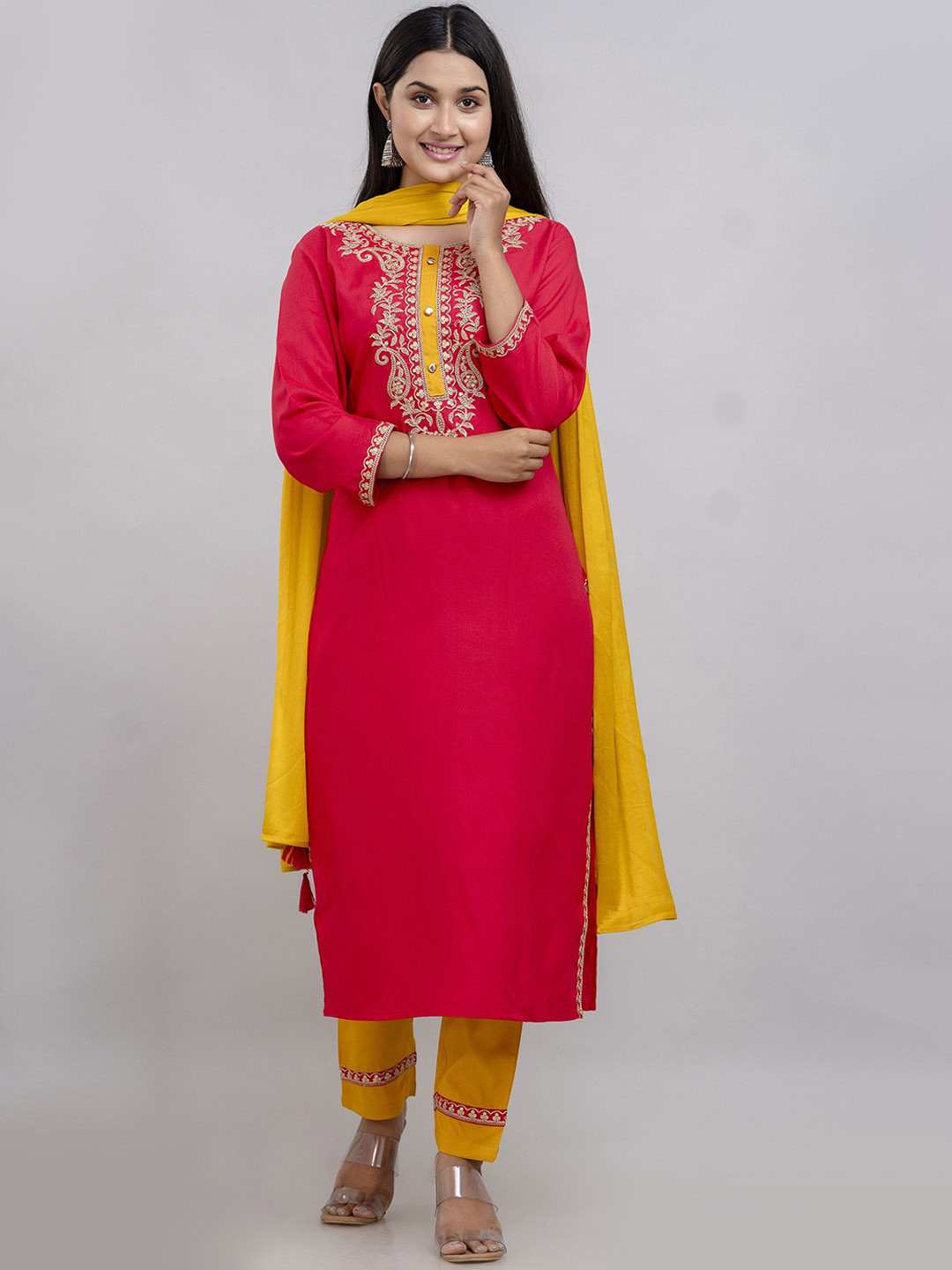 

Charu Women Yoke Design Regular Thread Work Kurta with Trousers & With Dupatta, Pink