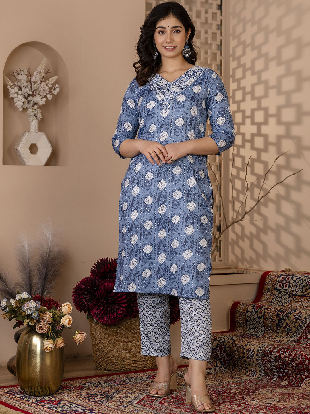 

Charu Women Floral Printed Regular Thread Work Kurta with Trousers & With Dupatta, Blue