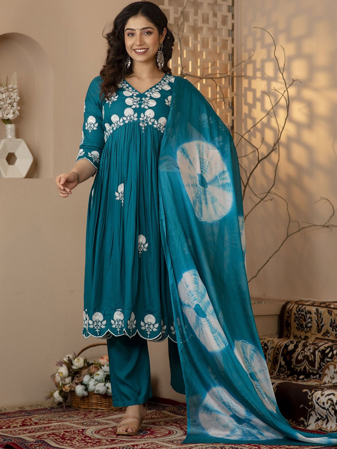 

Charu Women Embroidered Regular Thread Work Kurta with Trousers & With Dupatta, Turquoise blue