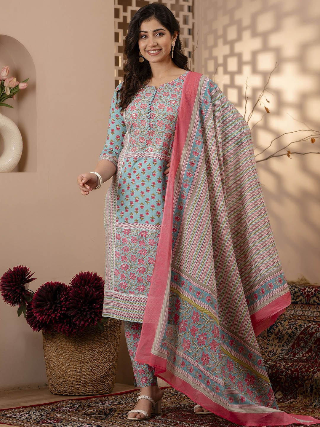 

Charu Women Floral Printed Regular Pure Cotton Kurta with Trousers & With Dupatta, Blue