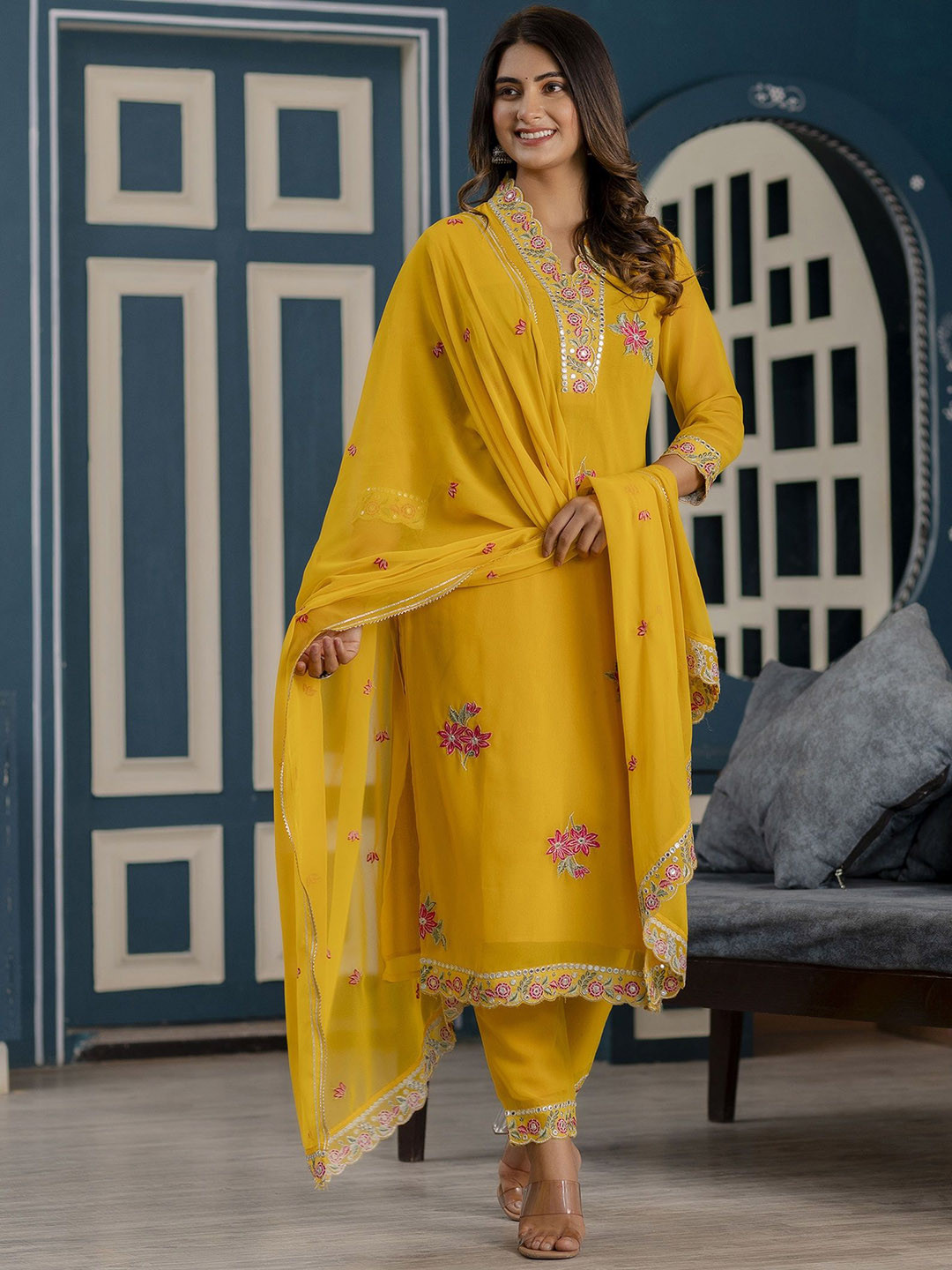

Charu Women Floral Embroidered Regular Thread Work Kurta with Trousers & With Dupatta, Mustard