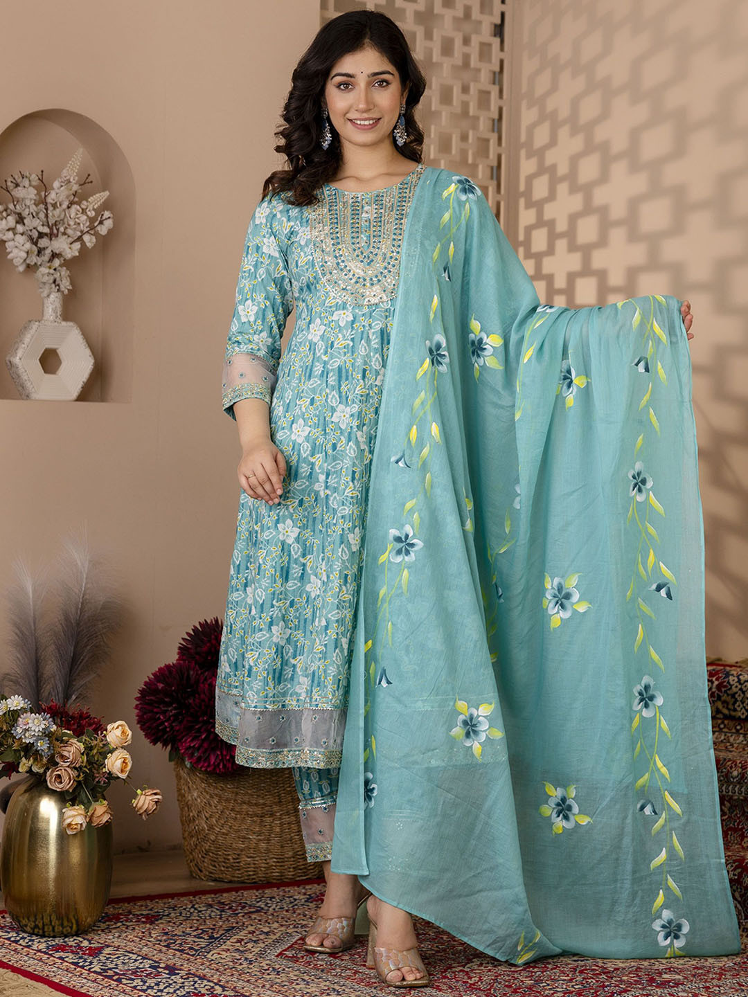 

Charu Women Floral Printed Regular Zardozi Pure Cotton Kurta with Trousers & With Dupatta, Sea green