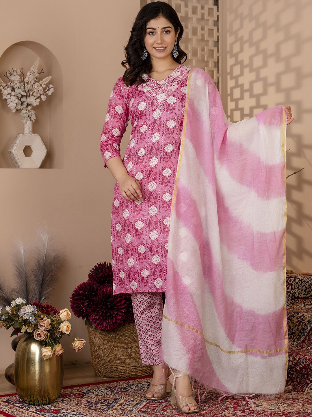 Charu Women Floral Printed Regular Thread Work Kurta with Trousers & With Dupatta, Pink