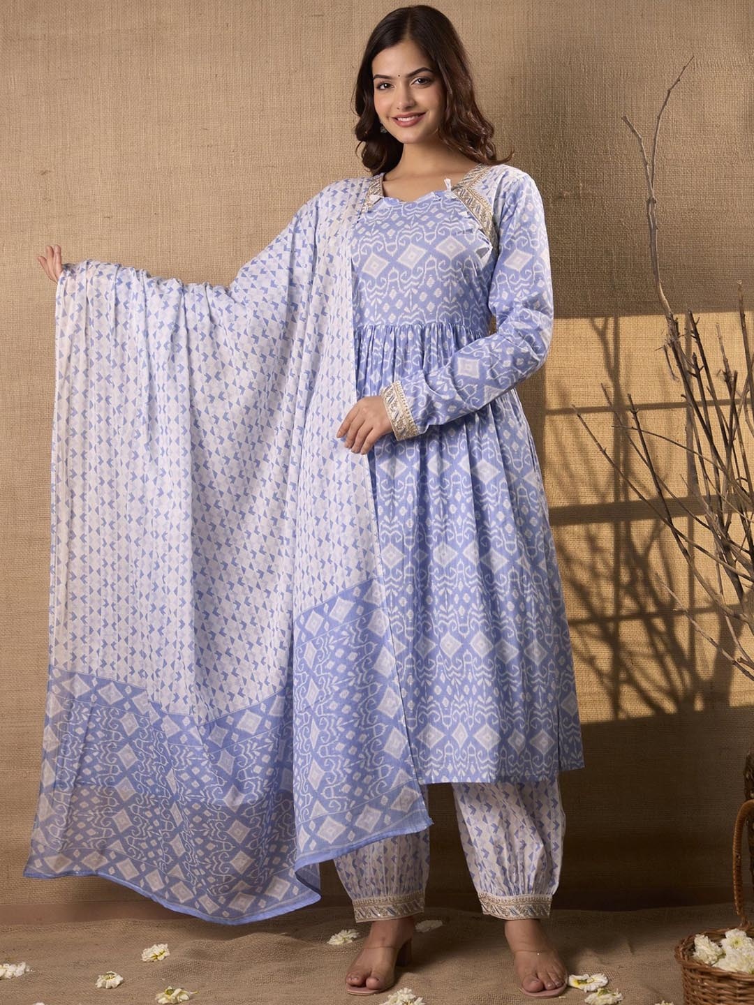 

Charu Women Ethnic Motifs Printed Regular Pure Cotton Kurta with Trousers & With Dupatta, Blue