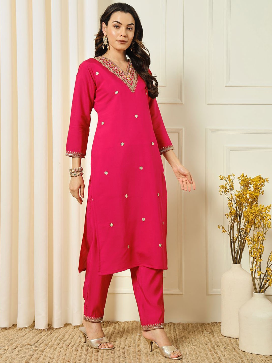 

S.K.C Women Ethnic Motifs Embroidered Regular Kurta with Trousers & With Dupatta, Pink