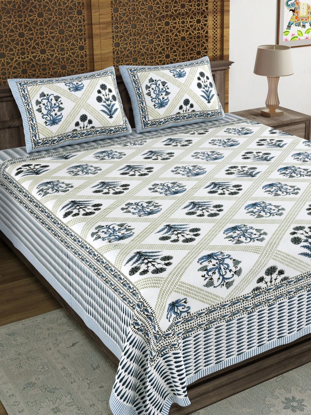 

Aura Blue & White Ethnic Motifs 120 TC King Bedsheet with 2 Pillow Covers