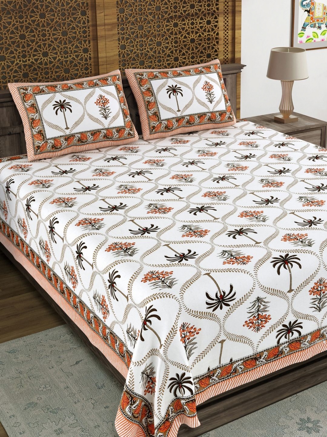 

Aura White & Peach-Coloured Ethnic Motifs 120 TC King Bedsheet with 2 Pillow Covers