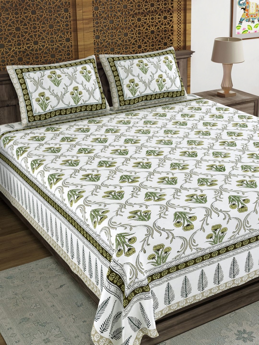 

Aura Green & White Ethnic Motifs 120 TC King Bedsheet with 2 Pillow Covers
