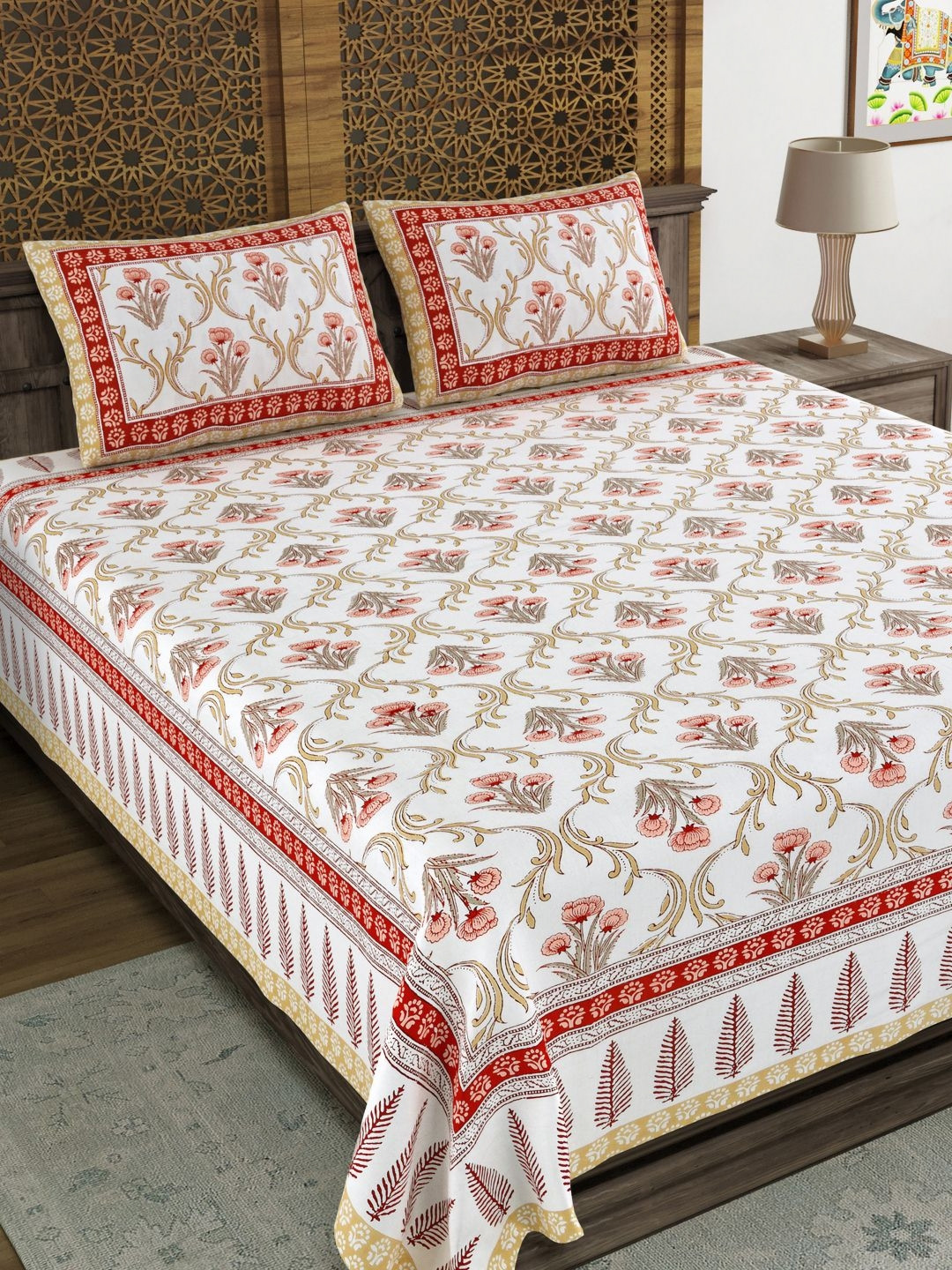 

Aura Peach-Coloured & White Ethnic Motifs 120 TC King Bedsheet with 2 Pillow Covers