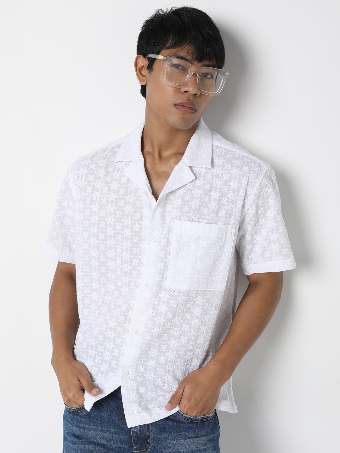 

R&B Men Standard Opaque Printed Casual Shirt, White