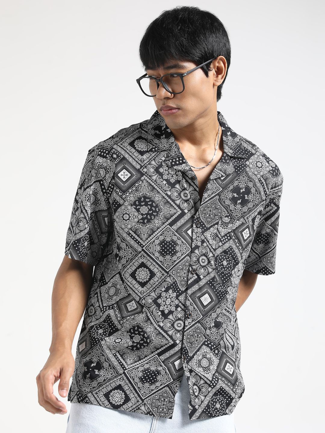 

R&B Men Standard Opaque Printed Casual Shirt, Black