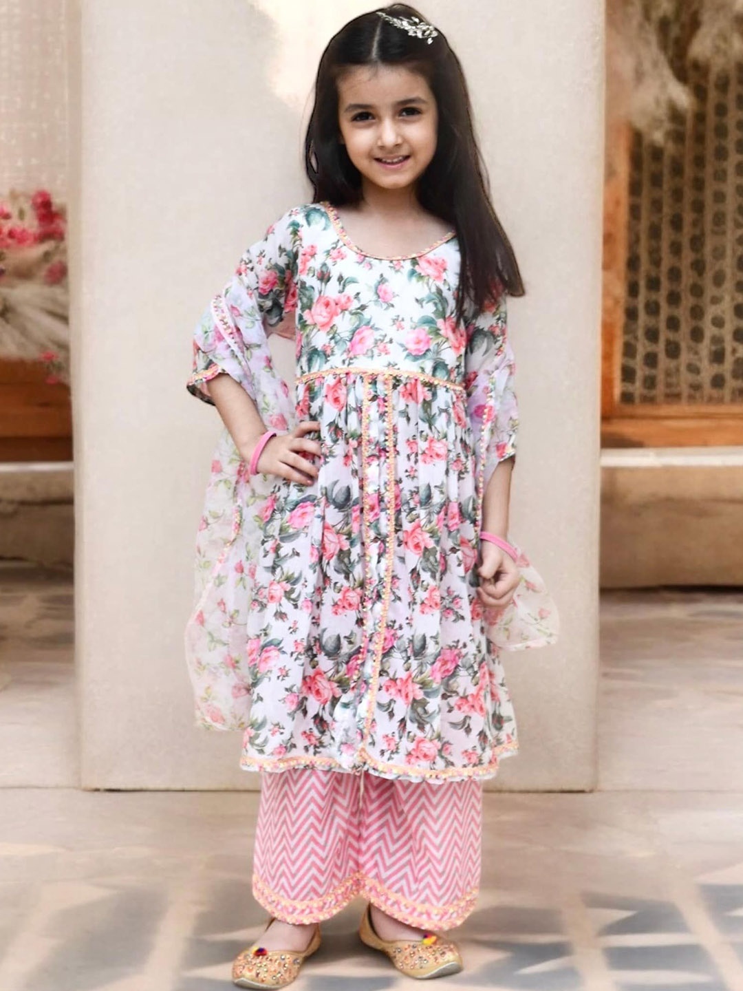 

Fayon Kids Girls Printed Regular Pure Cotton Kurti with Palazzos & With Dupatta, Off white