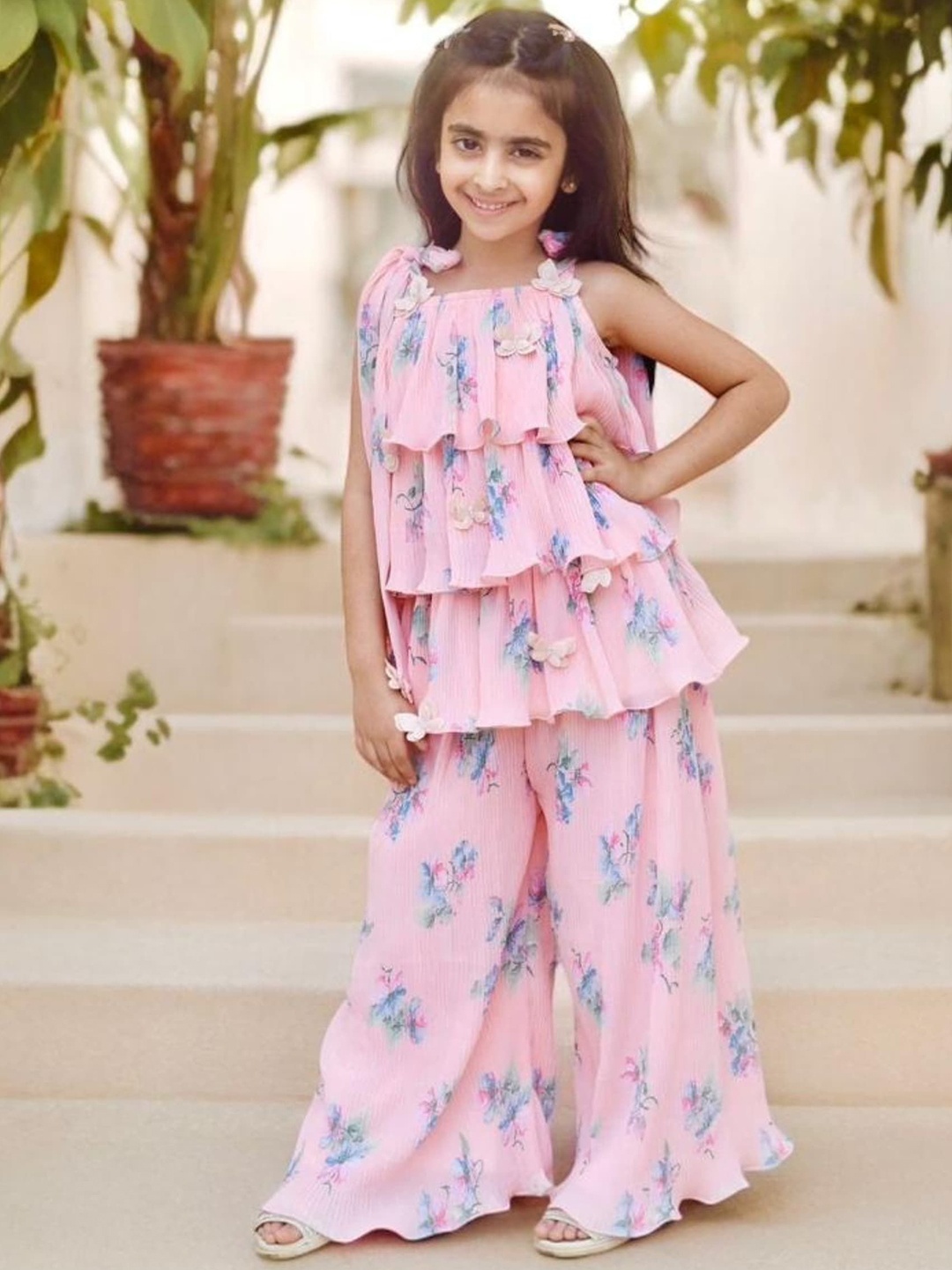 

Fayon Kids Girls Floral Printed Regular Kurti with Palazzos, Peach